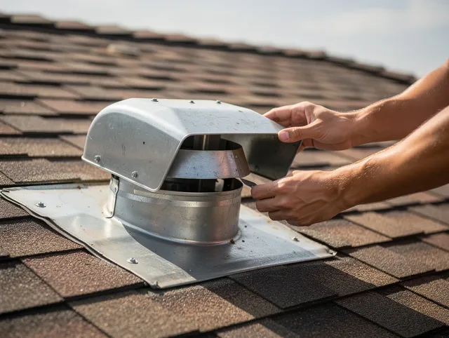 Grand Terrace Dryer Vent Cleaning certified technician safely cleaning a roof-mounted dryer vent in Grand Terrace