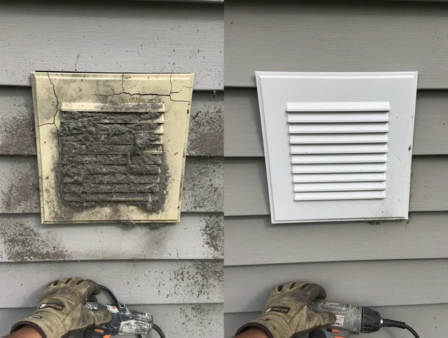 Grand Terrace Dryer Vent Cleaning technician installing high-quality dryer vent cover at a residential property in Grand Terrace