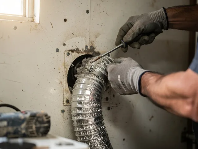 Grand Terrace Dryer Vent Cleaning technician performing precise dryer vent hose installation in Grand Terrace